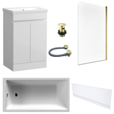 FNX Bathrooms Waterproof 500mm Vanity Unit With Single Ended Bath, Gloss White Front Panel, Brushed Brass Screen, Bath & Slotted Basin Waste - image 1