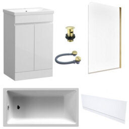 FNX Bathrooms Waterproof 500mm Vanity Unit With Single Ended Bath, Gloss White Front Panel, Brushed Brass Screen, Bath & Slotted Basin Waste
