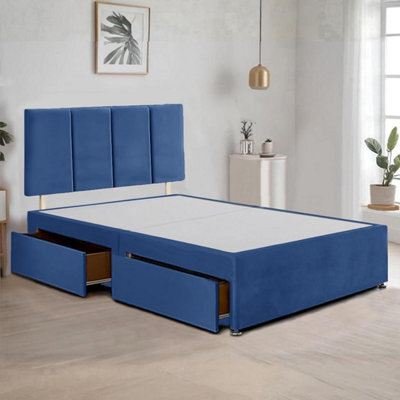 Blue Plush Fabric 5Ft King Size Bed Frame With 20 Inch Vertical Line Headboard And 2 Drawers - image 1