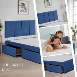 Blue Plush Fabric 5Ft King Size Bed Frame With 20 Inch Vertical Line Headboard And 2 Drawers - thumbnail 3