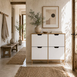 Wyld Haus Margarita Shoe Cabinet, Natural Wood-Effect Frame With White Doors, 4 Flip Drawers, 95W X 26D X 95H Cm - thumbnail 1