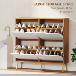 Wyld Haus Margarita Shoe Cabinet, Natural Wood-Effect Frame With White Doors, 4 Flip Drawers, 95W X 26D X 95H Cm - thumbnail 5