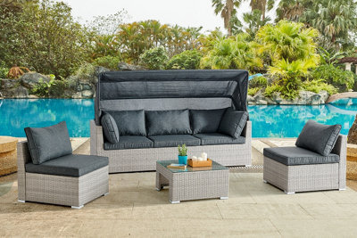 Home Detail Rattan Garden Daybed Lounge Set With Canopy & Coffee Table, Grey - image 1