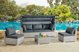 Home Detail Rattan Garden Daybed Lounge Set With Canopy & Coffee Table, Grey - thumbnail 1