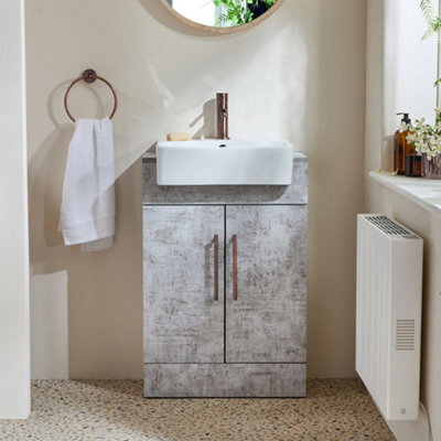 Homestylestore 550mm Concrete Grey Floorstanding Bathroom Vanity Unit And Aged Bronze T Bar Handle - image 1