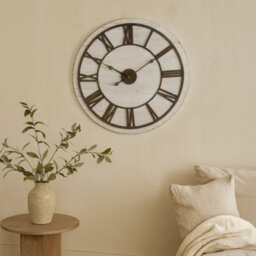 Wyld Haus 70Cm Rustic Whitewashed Wooden Wall Clock With Aged Metal Roman Numerals