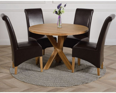 That's Furniture Oregon Round Oak Dining Table And 4 Chairs Dining Set With Montana Brown Leather Chairs - image 1