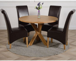 That's Furniture Oregon Round Oak Dining Table And 4 Chairs Dining Set With Montana Brown Leather Chairs