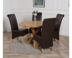That's Furniture Oregon Round Oak Dining Table And 4 Chairs Dining Set With Montana Brown Leather Chairs - thumbnail 3