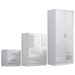 Reflect 2 Door Mirror Wardrobe, 5 Drawer Chest, 2 Drawer Bedside - White Gloss & Matt White - Modern Bedroom Furniture Set - thumbnail 5