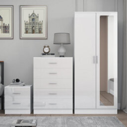 Reflect 2 Door Mirror Wardrobe, 5 Drawer Chest, 2 Drawer Bedside - White Gloss & Matt White - Modern Bedroom Furniture Set - thumbnail 3