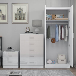 Reflect 2 Door Mirror Wardrobe, 5 Drawer Chest, 2 Drawer Bedside - White Gloss & Matt White - Modern Bedroom Furniture Set - thumbnail 4