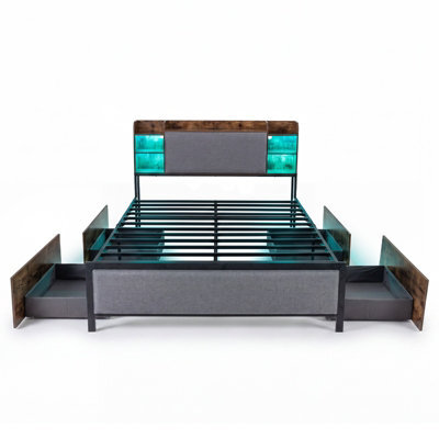 Gainoom Double Size Bed Frame Industrial Upholstered Platform Bed With Led Lights & 4 Drawers - image 1