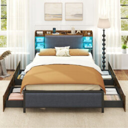 Gainoom Double Size Bed Frame Industrial Upholstered Platform Bed With Led Lights & 4 Drawers - thumbnail 4