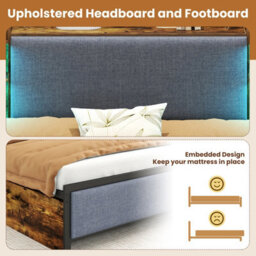Gainoom Double Size Bed Frame Industrial Upholstered Platform Bed With Led Lights & 4 Drawers - thumbnail 7