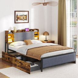 Gainoom Double Size Bed Frame Industrial Upholstered Platform Bed With Led Lights & 4 Drawers - thumbnail 3
