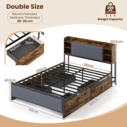 Gainoom Double Size Bed Frame Industrial Upholstered Platform Bed With Led Lights & 4 Drawers - thumbnail 2