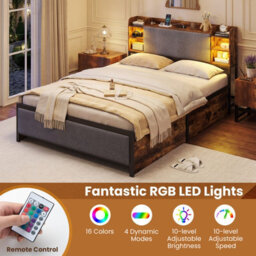 Gainoom Double Size Bed Frame Industrial Upholstered Platform Bed With Led Lights & 4 Drawers - thumbnail 9