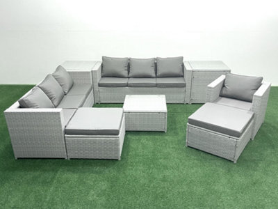 Fimous Wicker Pe Rattan Sofa Garden Furniture Set Armchair Square Coffee Table 2 Big Stools 2 Side Tables Light Grey - image 1