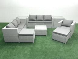 Fimous Wicker Pe Rattan Sofa Garden Furniture Set Armchair Square Coffee Table 2 Big Stools 2 Side Tables Light Grey - thumbnail 2