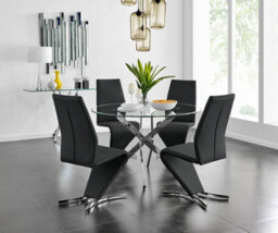 Furniturebox Uk Novara Chrome Metal And Glass Large Round Dining Table And 4 Black Willow Chairs Set - thumbnail 1