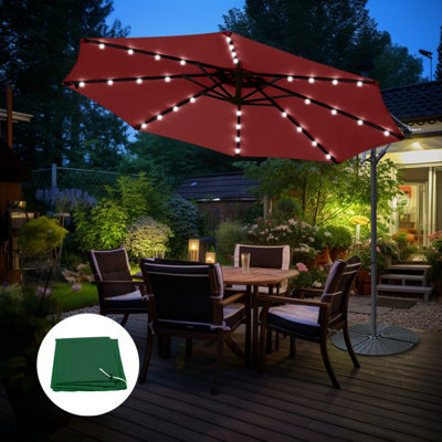 Sundaze 3M Led Garden Banana Parasol Umbrella Cantilever Patio Wine Red W/ Base & Cover - image 1