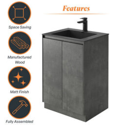 Plum&clay Rigel Concrete Grey Floor Standing Bathroom Vanity Unit With Black Basin (W)600mm (H)850mm - thumbnail 5