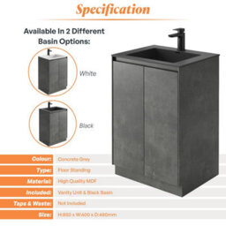 Plum&clay Rigel Concrete Grey Floor Standing Bathroom Vanity Unit With Black Basin (W)600mm (H)850mm - thumbnail 4