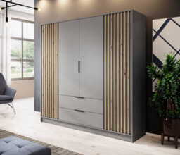 Arte Nelly Contemporary Hinged 4 Door Wardrobe Grey 2 Drawers 8 Shelves 1 Hanging Rail Lamela Decor (H)2000mm (W)2060mm (D)510mm - thumbnail 1