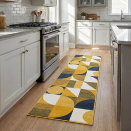 Bravich Hard Wearing Hessian Backed Stair Runner Kitchen Mat - Texas Mustard & Navy Art Deco - 60X600Cm (2'x20') - thumbnail 2