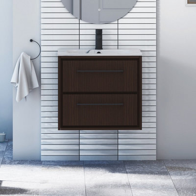Royal Bathrooms Livora 600mm Walnut Woodgrain Wall Hung Vanity Unit 2 Drawer With Carrara White Basin & Matt Black Handle - image 1