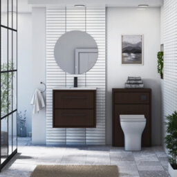 Royal Bathrooms Livora 600mm Walnut Woodgrain Wall Hung Vanity Unit 2 Drawer With Carrara White Basin & Matt Black Handle - thumbnail 3
