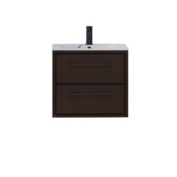 Royal Bathrooms Livora 600mm Walnut Woodgrain Wall Hung Vanity Unit 2 Drawer With Carrara White Basin & Matt Black Handle - thumbnail 5