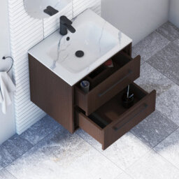 Royal Bathrooms Livora 600mm Walnut Woodgrain Wall Hung Vanity Unit 2 Drawer With Carrara White Basin & Matt Black Handle - thumbnail 4