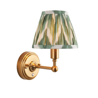 Luminosa Lighting Luminosa Burley Rechargeable Brushed Aged Brass Plate Wall Light With Cotswold Green Fabric Zigzag Shade 16Cm Integrated Led - image 1