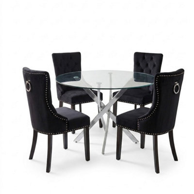 Oira Homes Modern 4 Seater Dining Table Set With Round Glass Dining Table And 4 Black Velvet Chairs - image 1
