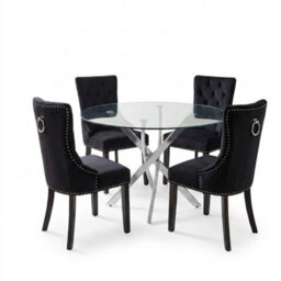 Oira Homes Modern 4 Seater Dining Table Set With Round Glass Dining Table And 4 Black Velvet Chairs - thumbnail 1