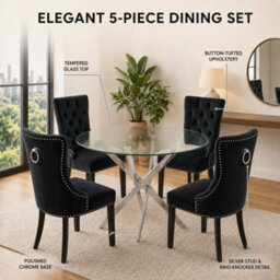Oira Homes Modern 4 Seater Dining Table Set With Round Glass Dining Table And 4 Black Velvet Chairs - thumbnail 3