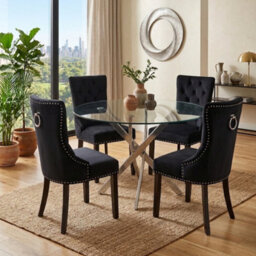 Oira Homes Modern 4 Seater Dining Table Set With Round Glass Dining Table And 4 Black Velvet Chairs - thumbnail 2
