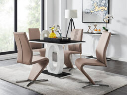 Furniturebox Giovani Rectangular 4 Seat White High Gloss Unique Halo Structural Dining Table Black Glass Top 4 Beige Faux Leather Willow Chairs
