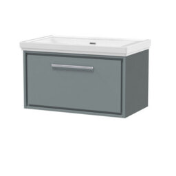 Balterley Longnor Modern Wall Hung Single Drawer Bathroom Vanity With Fireclay Basin, Coastal Grey, 800mm - thumbnail 1