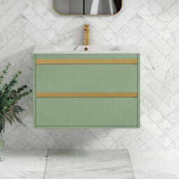 Royal Bathrooms Orion 800mm Mint Sage 2 Drawer Wall Hung Vanity Unit With Carrara White Basin & Brushed Brass Accent Trim