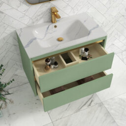 Royal Bathrooms Orion 800mm Mint Sage 2 Drawer Wall Hung Vanity Unit With Carrara White Basin & Brushed Brass Accent Trim - thumbnail 4