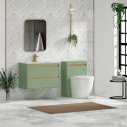 Royal Bathrooms Orion 800mm Mint Sage 2 Drawer Wall Hung Vanity Unit With Carrara White Basin & Brushed Brass Accent Trim - thumbnail 3