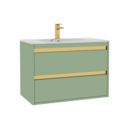 Royal Bathrooms Orion 800mm Mint Sage 2 Drawer Wall Hung Vanity Unit With Carrara White Basin & Brushed Brass Accent Trim - thumbnail 7