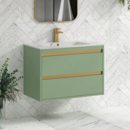 Royal Bathrooms Orion 800mm Mint Sage 2 Drawer Wall Hung Vanity Unit With Carrara White Basin & Brushed Brass Accent Trim - thumbnail 6