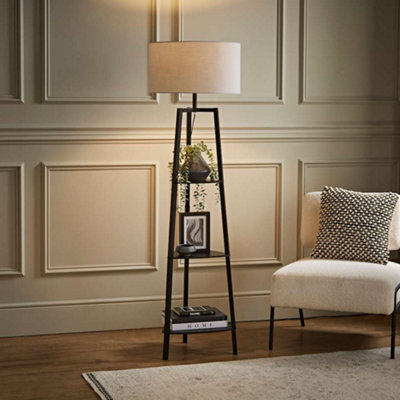 Valuelights Hiru Black 3 Tier Shelf Floor Lamp With Grey Drum Shade - image 1