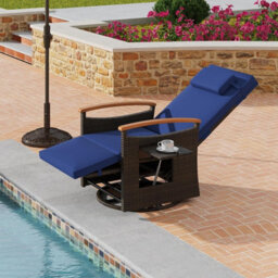Gainoom Outdoor Swivel Rattan Recliner Chair Patio Wicker Chaise Lounge Chair Adjustable Backrest Footrest - thumbnail 3