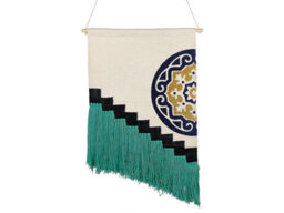 Beliani Multicolour Handwoven Cotton Wall Hanging With Green Tassels, Pine Wood Accent, Vertical Rectangular 56 X 110 Cm - thumbnail 1