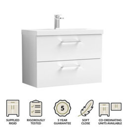 Balterley Bramshall Modern Bathroom Wall Hung 2 Soft Close Drawer Vanity Unit & Mid-Edge Basin, Gloss White, 810mm - thumbnail 6